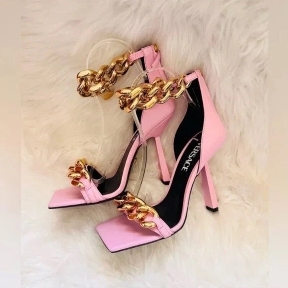 New! VERSACE Medusa Chain Square Toe Heels Pink Leather Gold Hardware Sandals - Picture 9 of 15